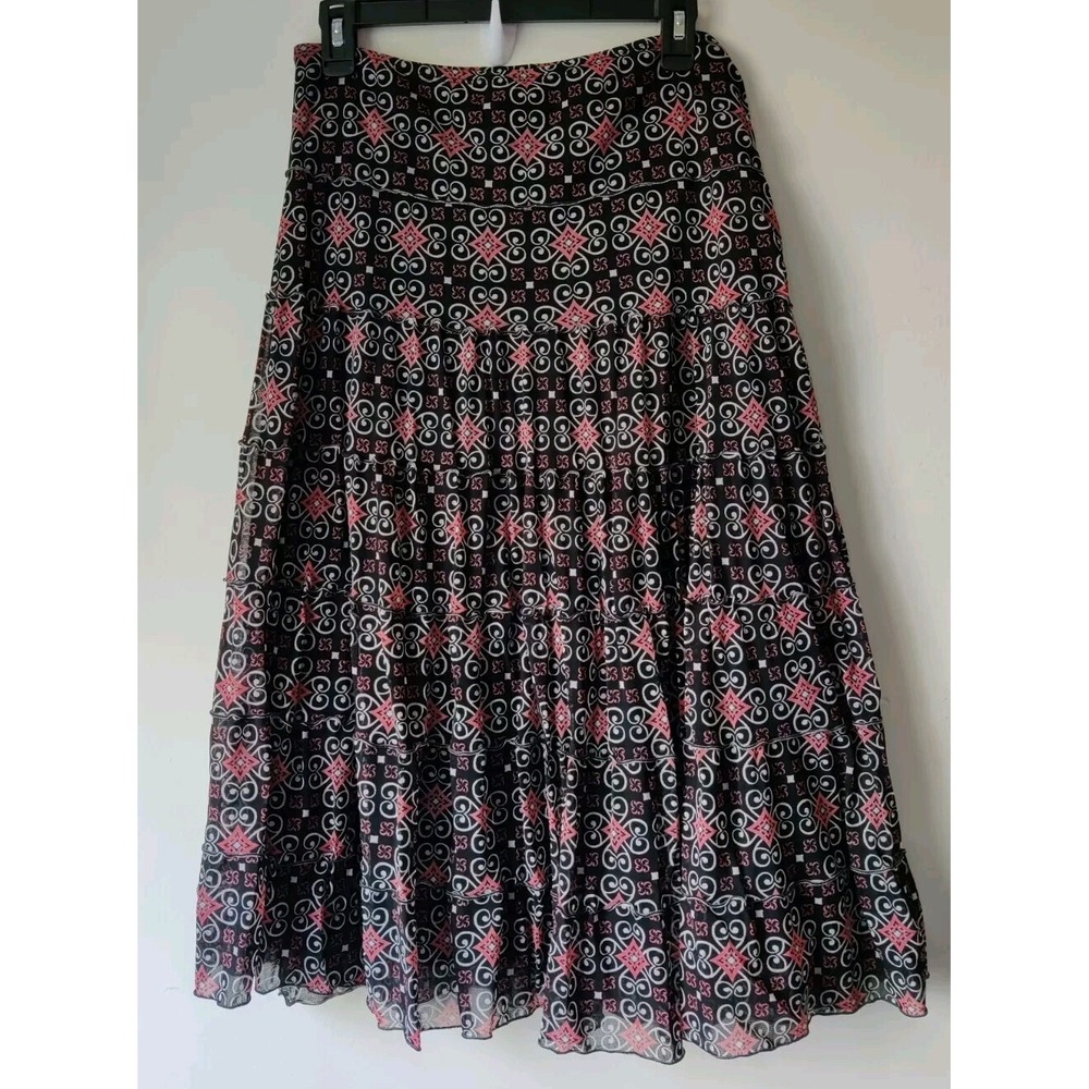 Max Edition Geometric Print Pull On Midi Skirt Size Small Boho Black/Pink